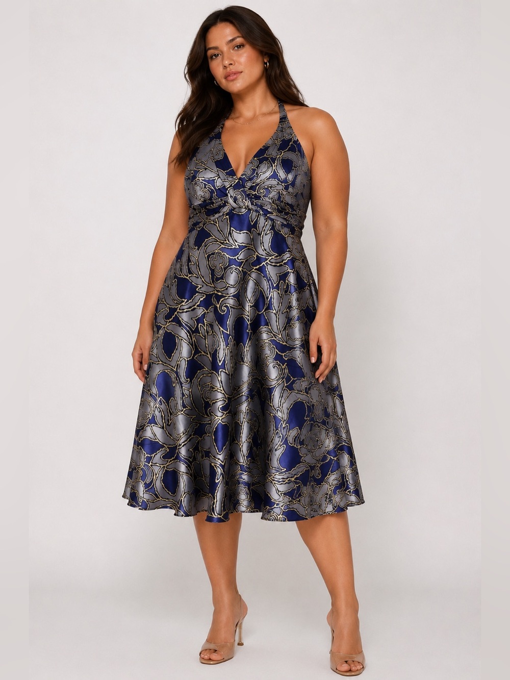 Jones NY 100% Silk Halter Midi Dress Blue Gray Abstract Print Vintage Y2K Sz 14